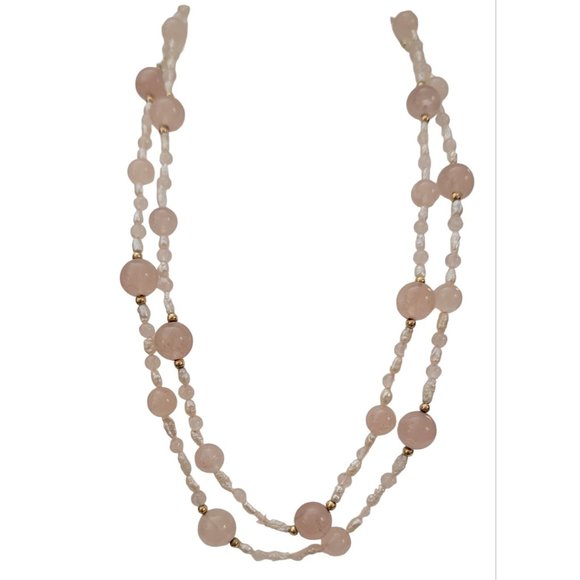 14K Yellow Gold Rose Quart, Rice Pearl Double Strand Necklace, 17" Long K794 - Picture 2 of 8